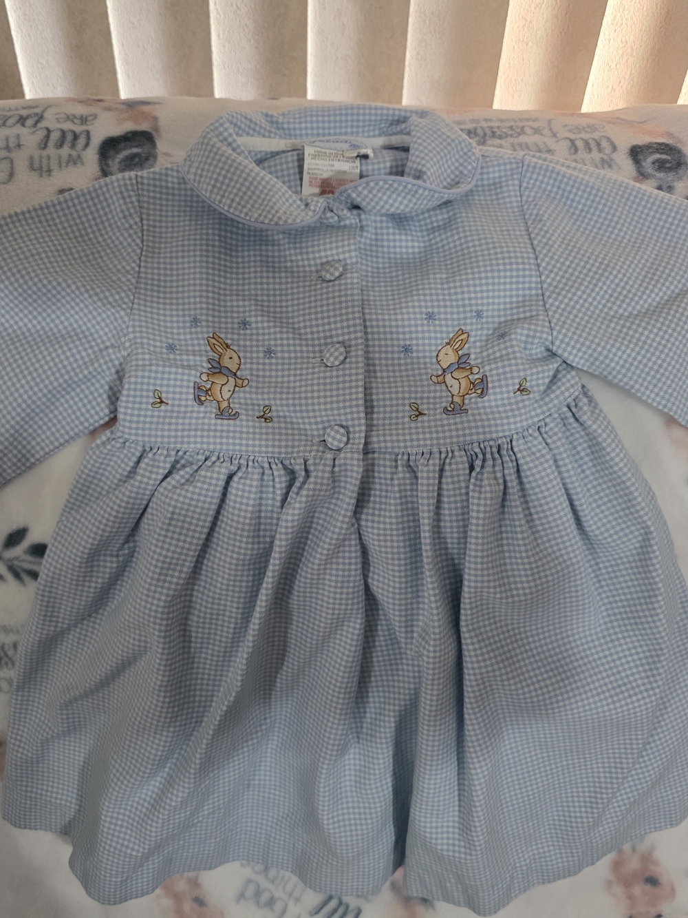 Jacadi Light Blue Gingham Bunny Embroidered Dress Easter